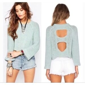 Free People Endless Stories Crop Sweater Seafoam Green Cutout Back Bell Sleeve S